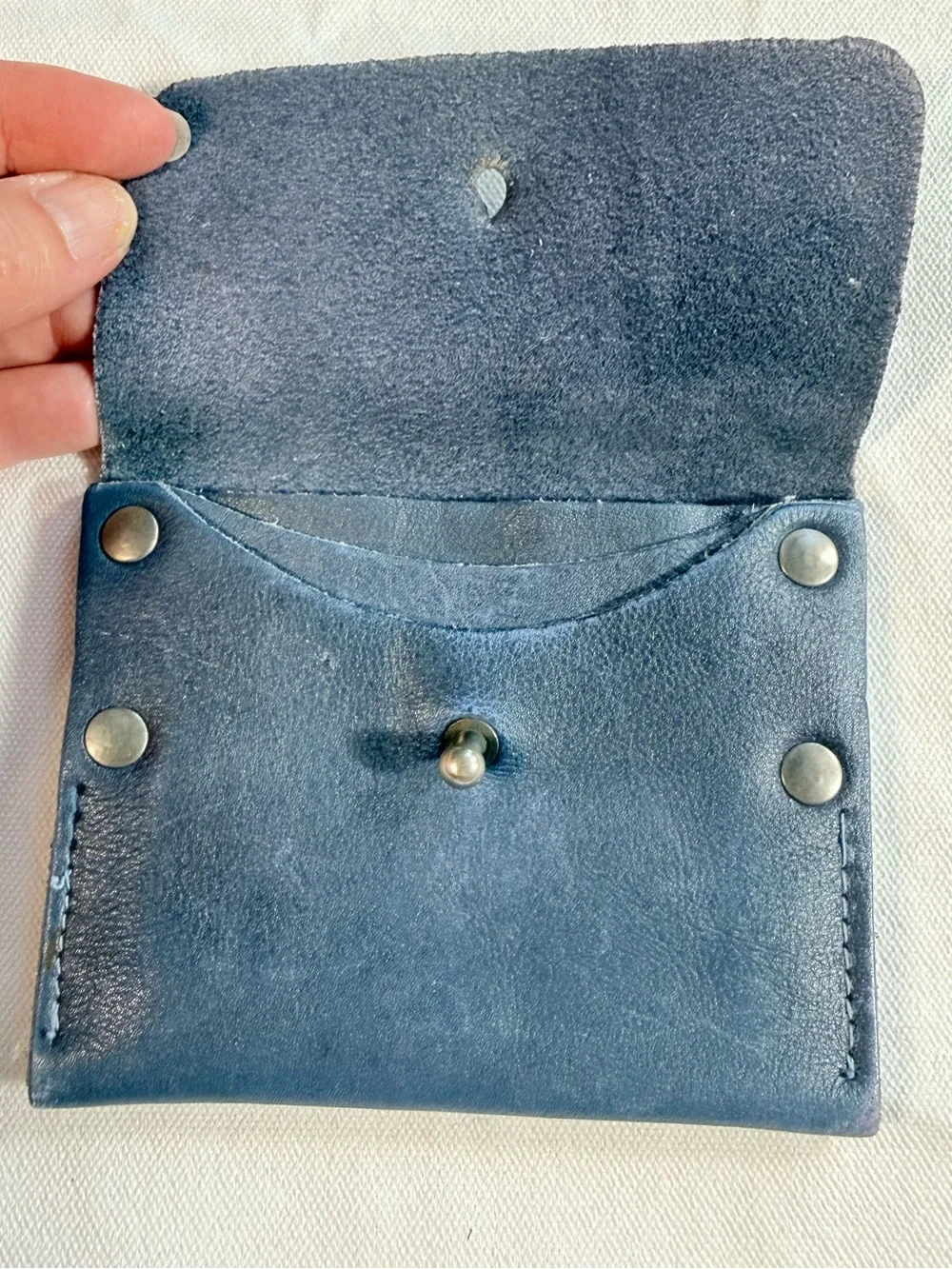 Free People Handcrafted Slate Blue Leather Collar-Stud Card Case Wallet